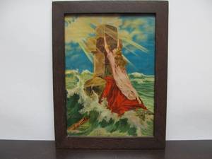 lot 358 image: Vintage Rock Of Ages Lady Holding On Cross Art Print 18
