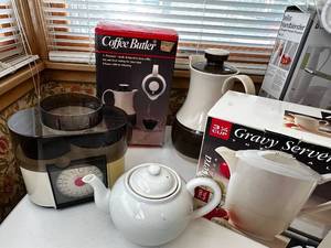 lot 24 image: Mixed Kitchenware Lot with Two Coffee Butlers, Gravy Server, and Teapot