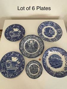 lot 66 image: Lot of 6 Blue and White Staffordshire Plates with Colonial Scenes