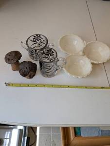 lot 166 image: Assorted Tableware Glass Creamer and Sugar Bowl Set, Ceramic Mushroom Shakers, and Divided Serving Dish