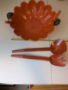 lot 173 image: Vintage Ceramic Bowl with Lid and Serving Utensils