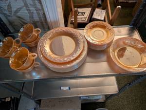 lot 185 image: Set of Vintage Peach Lusterware Dishes with Plates, Bowls, and Cups
