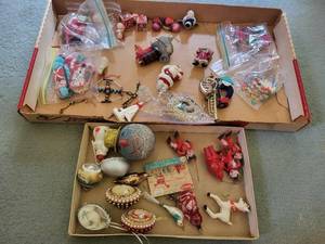 lot 235 image: Collection of Vintage Christmas Ornaments Including Santas and Animals