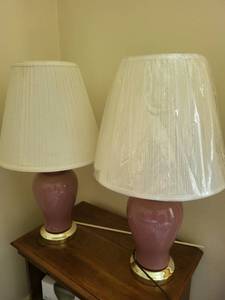 lot 240 image: Pair of Mauve Ceramic Table Lamps with Pleated Shades