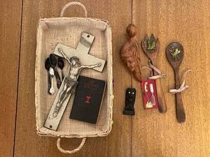 lot 274 image: Assorted Religious and Decor Collection with Crucifix and Spoons