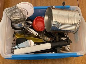 lot 277 image: Collection of Kitchen Utensils and Tools in Storage Bin