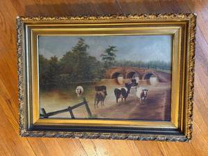 lot 1B image: Framed Vintage Oil Painting of Horses and Cart with Landscape