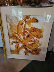 lot 343 image: Signed MB 71 Framed Abstract Art Painting with Orange and Yellow Hues