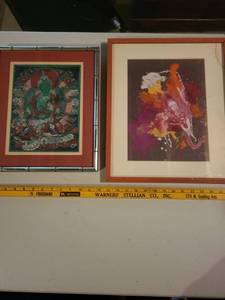 lot 364 image: Pair of Framed Artworks Green Tara Embroidery & Abstract Collage