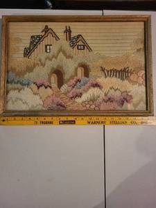 lot 368 image: Framed Vintage Needlepoint Cottage Landscape