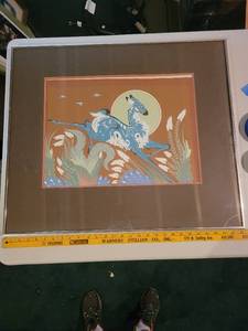lot 373 image: Woody Wilson Crumbo Vintage Framed Artwork of a Blue Deer with Sun Motif - Not Authenticated
