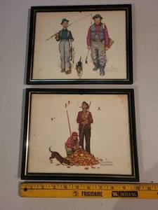 lot 378 image: Set of 2 Norman Rockwell Framed Prints - Fishing and Leaf Raking