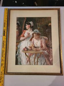 lot 379 image: Antique Framed Print of Ladies with Ornate Gold Shoe
