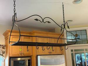 lot 9 image: Elegant Wrought Iron Pot Rack with Leaf Design and Hooks