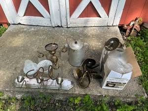 lot 23 image: Collection of Vintage Lighting Fixtures and Antique Serving Pot