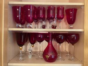 lot 45 image: Collection of Ruby Red and Cranberry Crystal Wine Glasses with Decanter