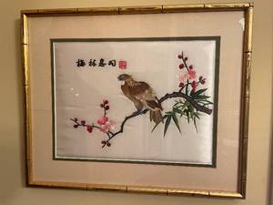lot 54 image: Framed Silk Embroidery Asian Artwork of Bird and Blossoms