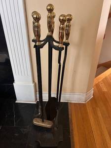 lot 62 image: 5-Piece Fireplace Tool Set with Brass Handles and Stand