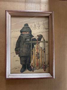 lot 63 image: Framed Vintage Artwork of Child with Sled