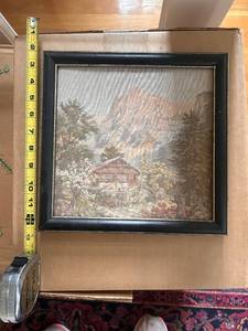 lot 64 image: Vintage Framed Tapestry Art with Mountain Scene