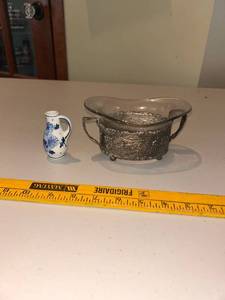 lot 90 image: Vintage Delft Miniature Vase and Silverplate Sugar Bowl Set