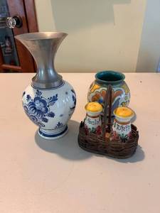 lot 111 image: Delft Holland Vase, Gouda Vase, and Pair of Salt & Pepper Shakers