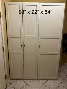 lot 123 image: White 3-Door Wardrobe Closet 58x22x84 - Contents not included