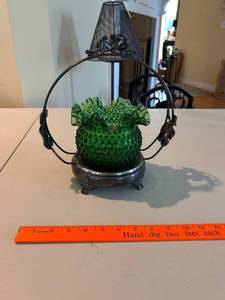 lot 151 image: Antique Green Hobnail Glass Brides Basket with Metal Holder