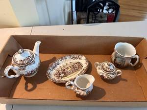 lot 157 image: Set of Vintage Johnson Bros Coaching Scenes and German Porcelain Cup