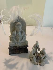 lot 182 image: Stone Buddha Statue and Three Wise Men Figurines