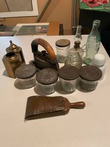 lot 383 image: Vintage Kitchen Items Collection Including Jars, Iron, and Bottles