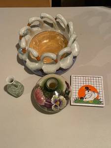 lot 384 image: Vintage Ceramic Collection Swan Bowl, Floral Vases, and Decorative Tile