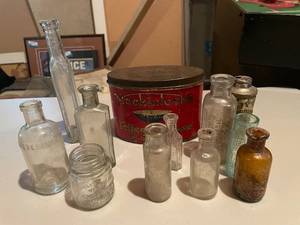lot 392 image: Collection of Vintage Glass Bottles and Mackintoshs Toffee Tin