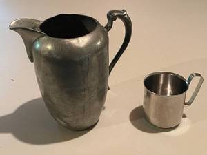 lot 425 image: Vintage Andrew E.P.N.S Inc. Pewter Creamer and Stainless Steel Cup