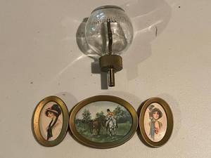 lot 426 image: Vintage Glass Lunkenheimer Drip Oiler & Trio of Art Nouveau Portrait Plaques