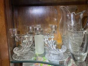 lot 433 image: Vintage Glassware Collection with Candlestick Holders and Pitchers
