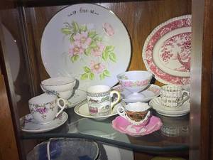 lot 434 image: Collection of Vintage Porcelain Teacups and Plates with Floral and Scenic Designs