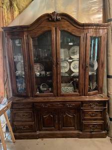 lot 436 image: Vintage Wooden China Cabinet with Glass Doors and Storage Drawers - CONTENTS NOT INCLUDED