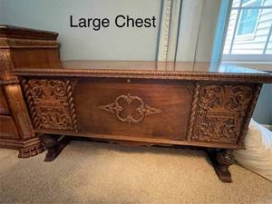 lot 563 image: Antique Carved Wooden Chest with Intricate Detailing - Contents not included