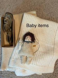 lot 573 image: Vintage Baby Items Set with Handmade Doll and Shoes