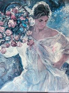 lot 582 image: Large Framed Artwork by Jose Royo Woman with Flowers