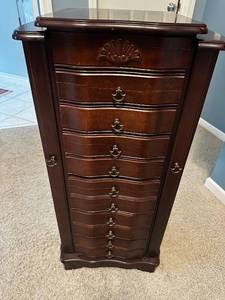 lot 586 image: Elegant Wooden Jewelry Armoire with Mirror and Multiple Drawers