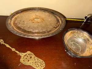 lot 188 image: Antique Silver-Plated Platter, Bowl and Brass Trivet Set