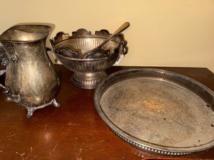 lot 190 image: Antique Silver-Plated Serving Set with Tray, Pitcher, and Bowl