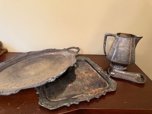 lot 191 image: Vintage Silver-Plated Serving Tray Set with Pitcher