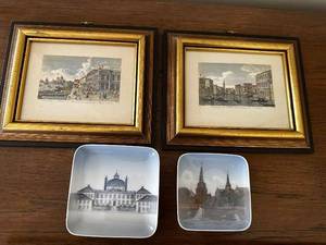 lot 10 image: Set of 2 Framed Artwork Prints and 2 Decorative Plates with European Scenery