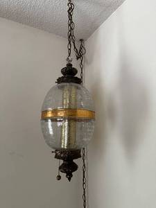 lot 15 image: Vintage Glass Pendant Ceiling Light with Brass Accents