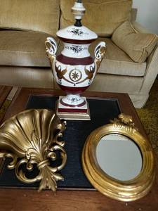 lot 21 image: Set of Vintage Decor Items Urn-Shaped Lamp, Ornate Wall Sconce, and Oval Mirror