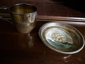 lot 25 image: 1847 Rogers Bros Silver Plate Cup and Ship Red Jacket Plate
