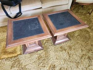 lot 28 image: Pair of Vintage Style Wooden Side Tables with Slate Tops